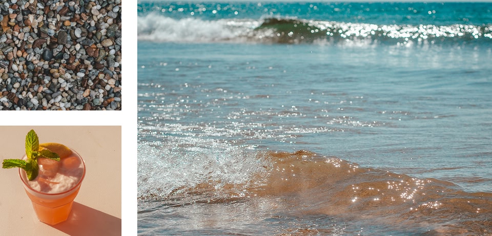 3 immagini, una di una spiaggia, una di sabbia e una di una bevanda