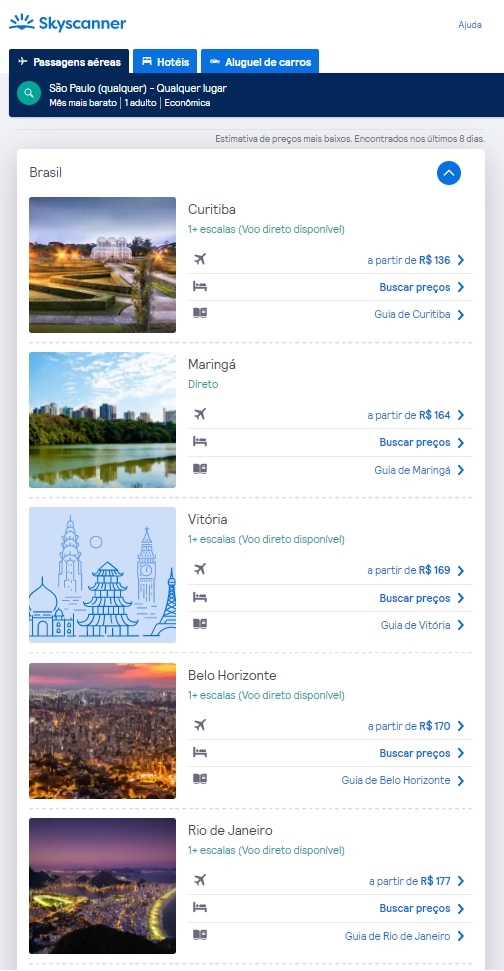 Lista de cidades com voos disponíveis para encontrar passagens aéreas em promoção relâmpago