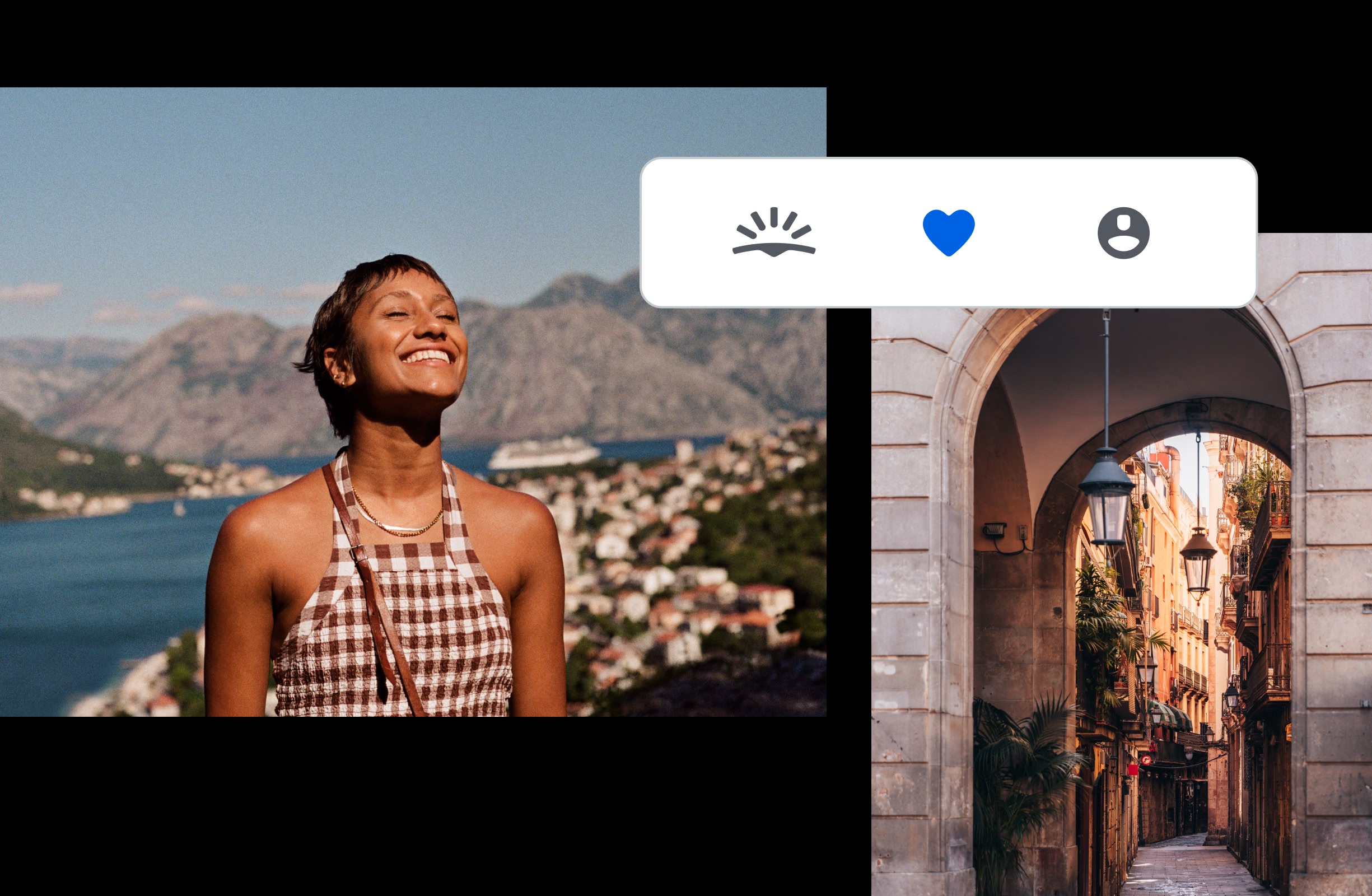 Montagem com duas fotos e símbolos do Skyscanner. Na primeira, a menina está sorrindo de olhos fechados de frente para o sol. Na segunda, há um portal de pedra que leva a uma ruela de alguma cidade europeia antiga. O símbolo de coração em azul indica que o destino está na sua lista de viagens.