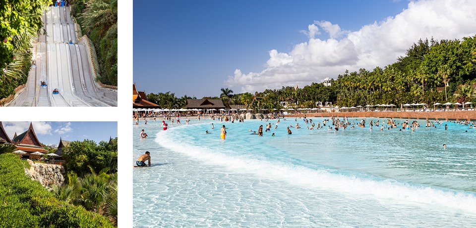 Collage of images : A vibrant water park scene with a large wave pool filled with people, a towering water slide, and lush tropical landscaping.