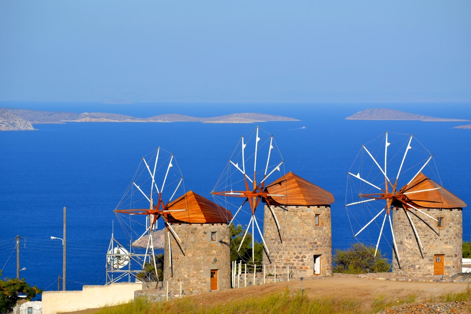 Three windmills on the Greek island of Patmos