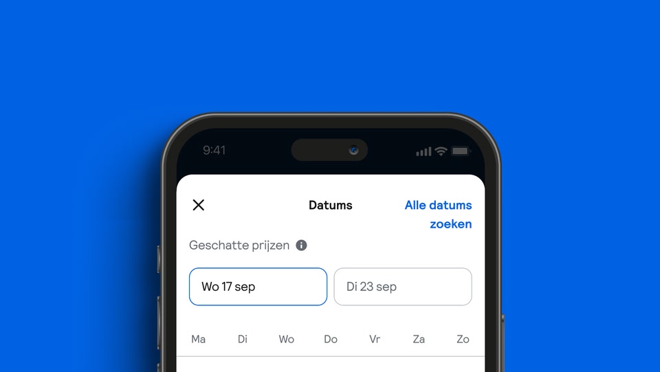 Screenshot van het datumsselectiescherm van de Skyscanner-app op een mobiele telefoon, met geschatte prijzen voor vluchten.
