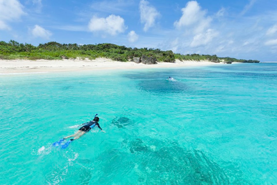 Someone snorkelling in the clear waters of Okinawa.