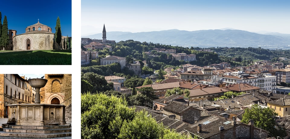 immagini di luoghi famosi di Perugia, tra cui la fontana