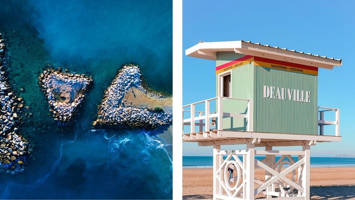 Costas rocosas de Playa Paloma y caseta de salvavidas en la playa familiar de Deauville, Francia.