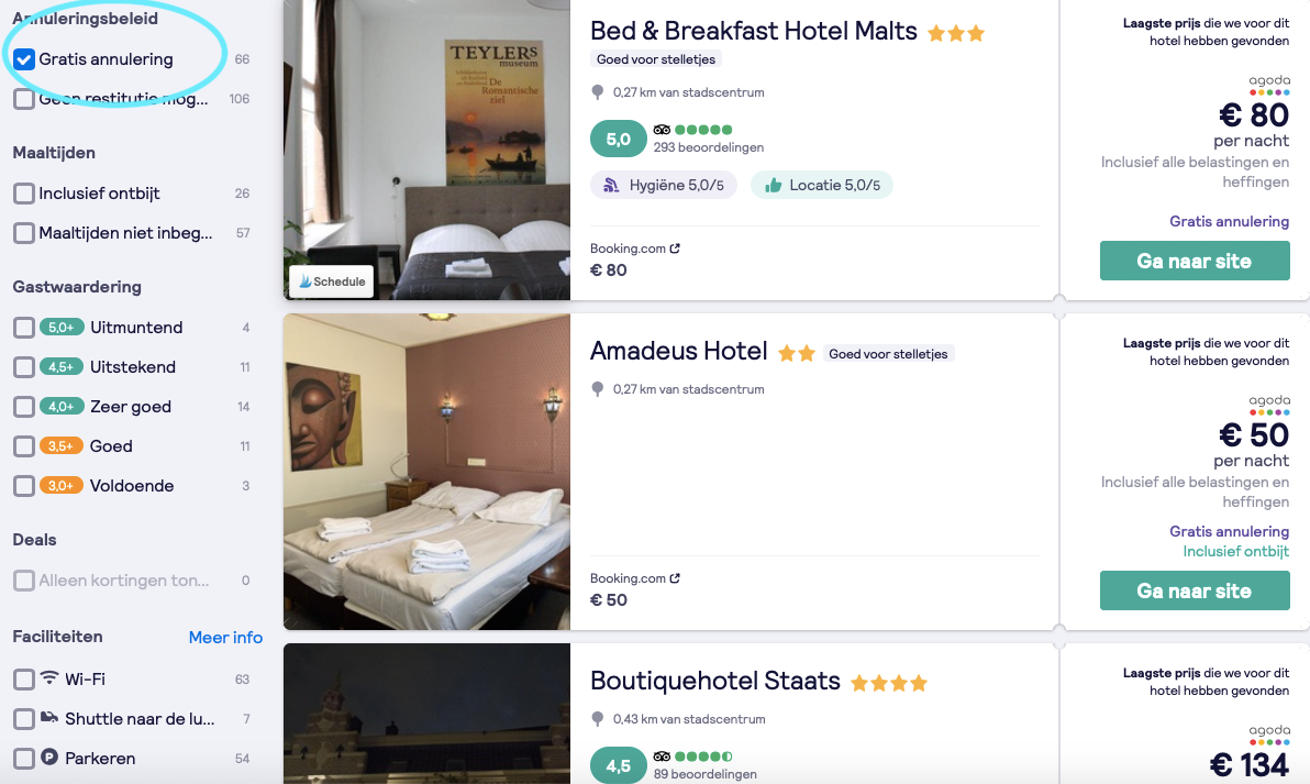 Flexibele en gratis annulering voor hotels