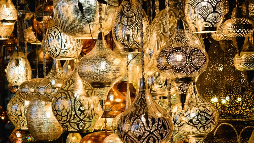 a picture of illuminated lanterns traditionally found in Turkey