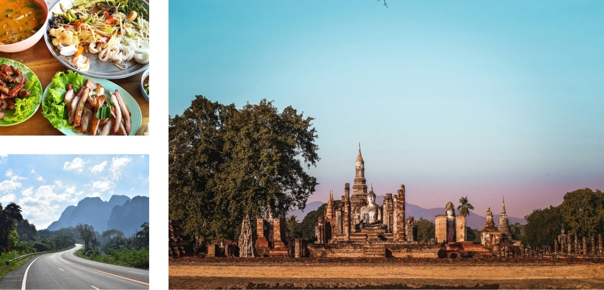 A collage showcasing Thai culinary and cultural heritage: a vibrant Thai dish, a winding road through the lush Thai landscape, and an ancient temple.