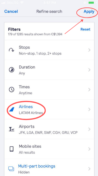 screenshot demonstrating how to filter for LATAM airlines flights on the app