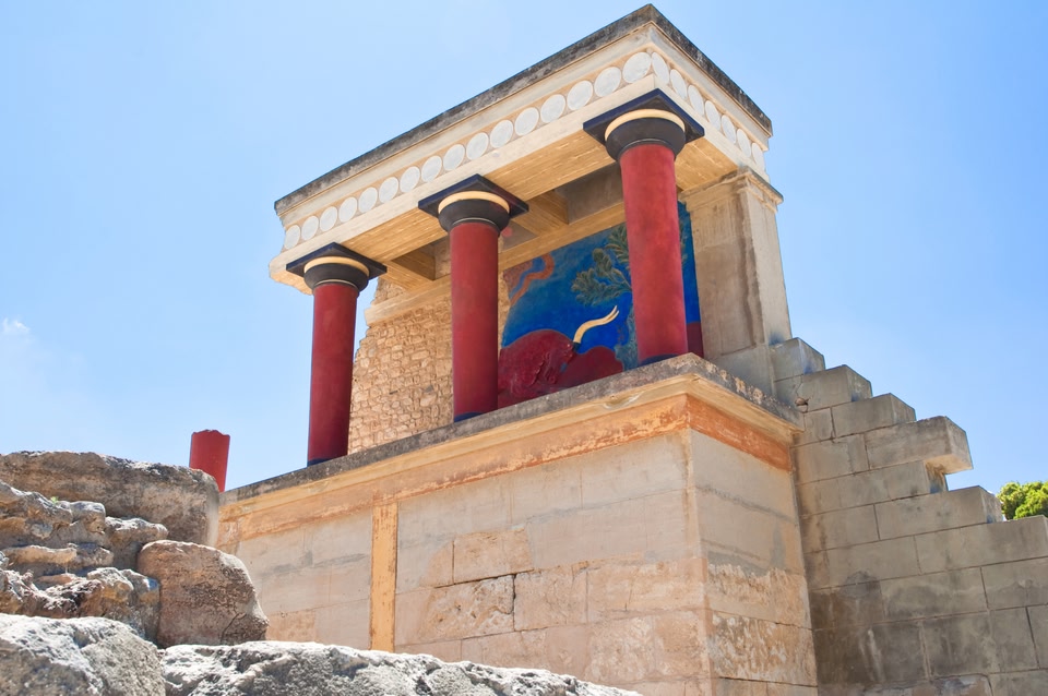 Colorful columns in ancient city of Knossos, Crete