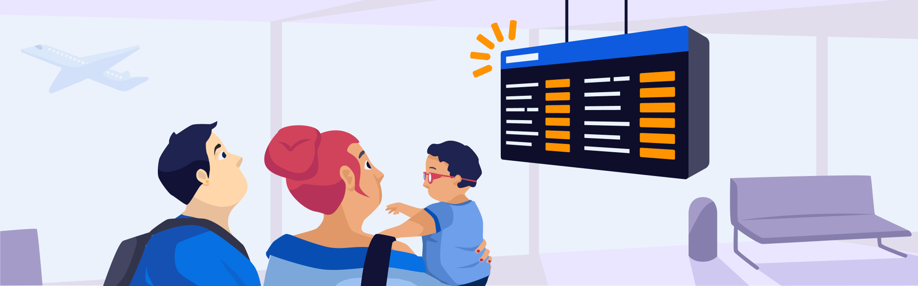 illustration of a young couople looking at a departure board, all of the destinations are orange/amber.