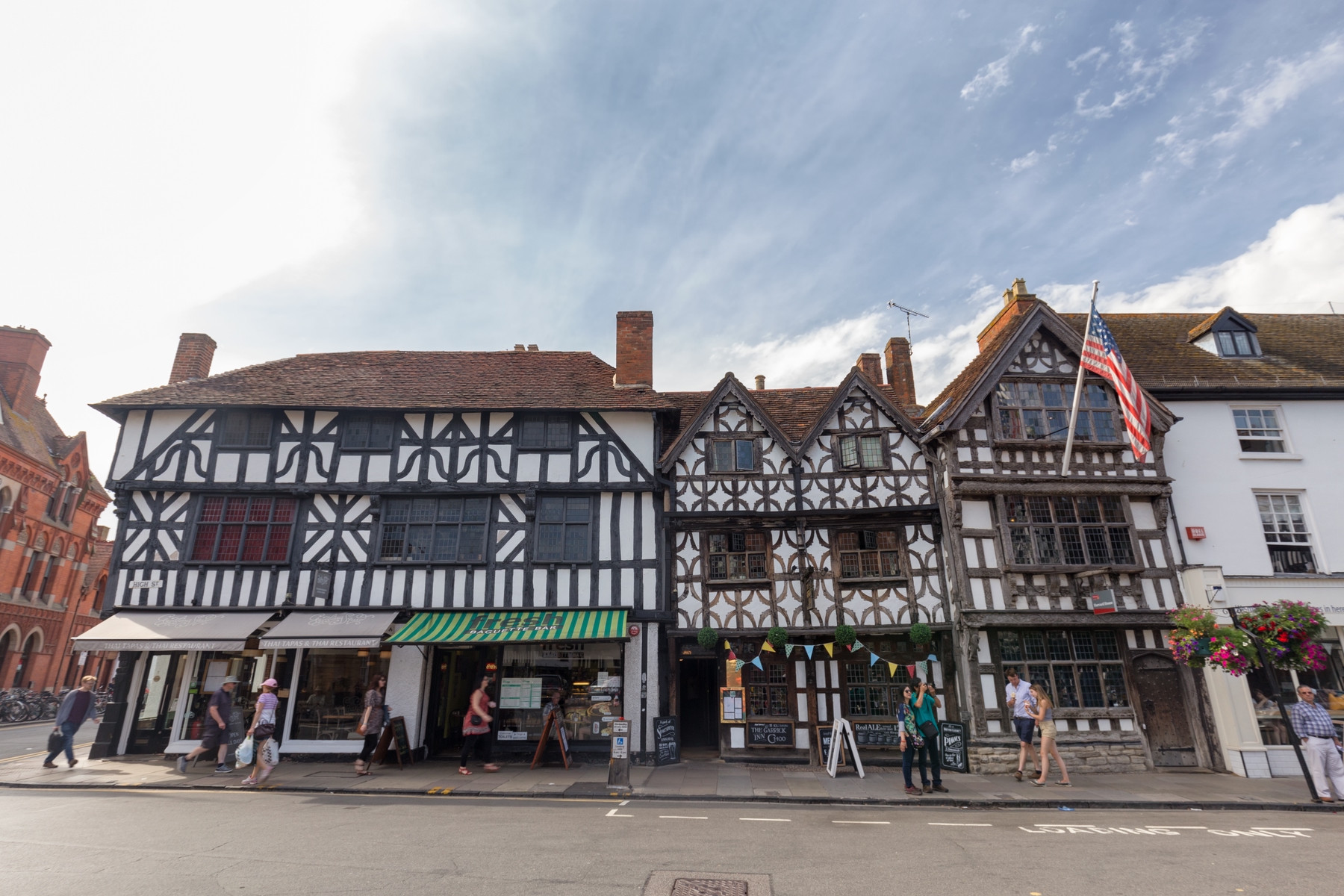 Photo shows traditional beamed Tudor style buildings in Stratford Upon Avon