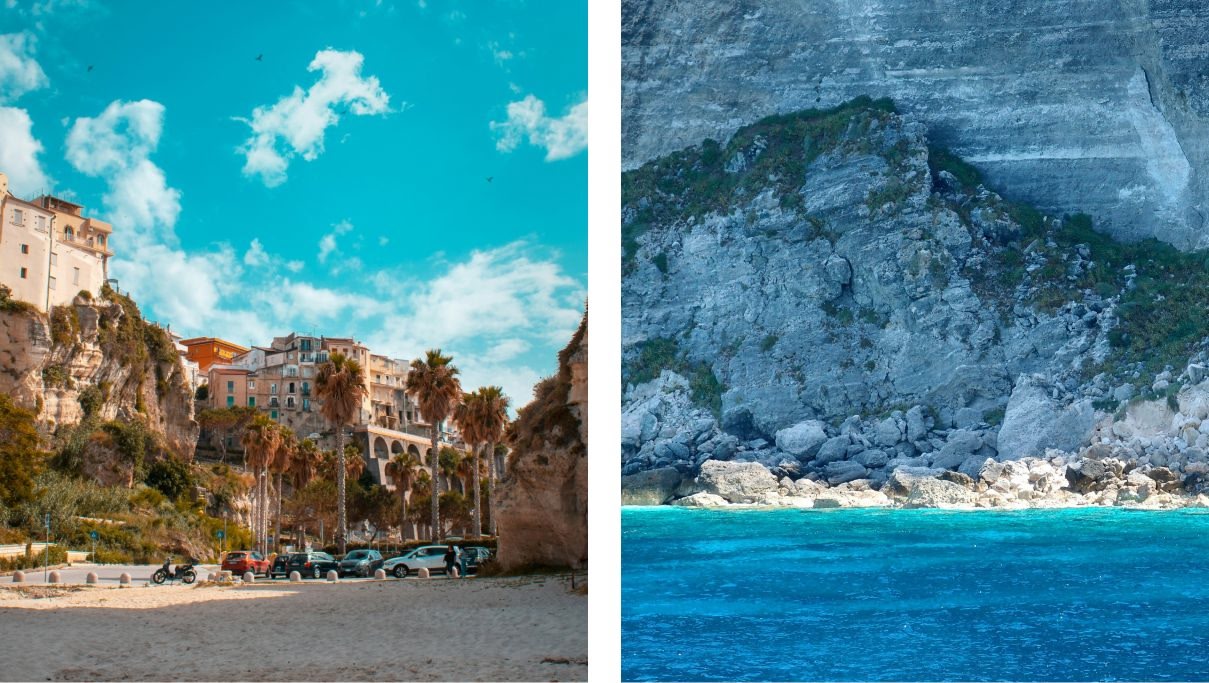 Duas imagens: uma mostrando uma bela praia e a outra uma villa no topo de uma falésia junto à praia