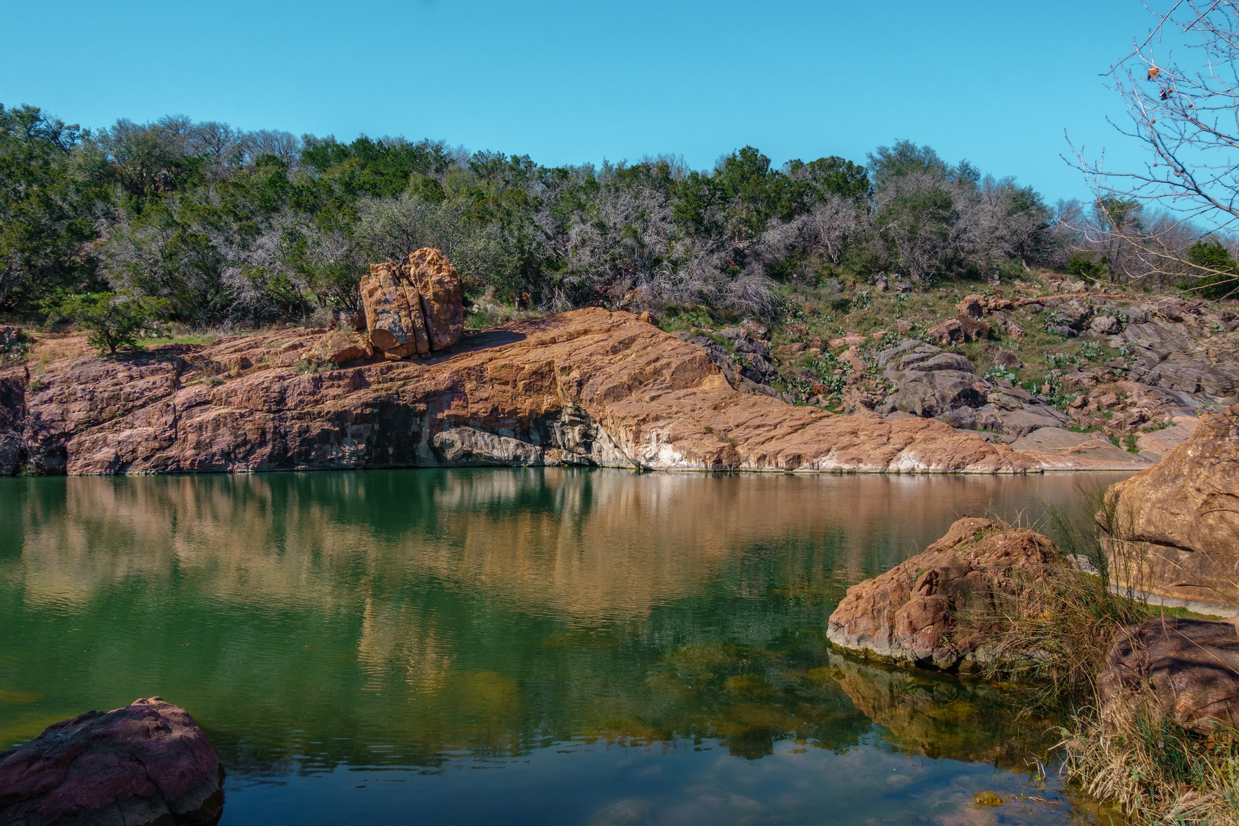 blue sky over green trees on top of brown rocks.