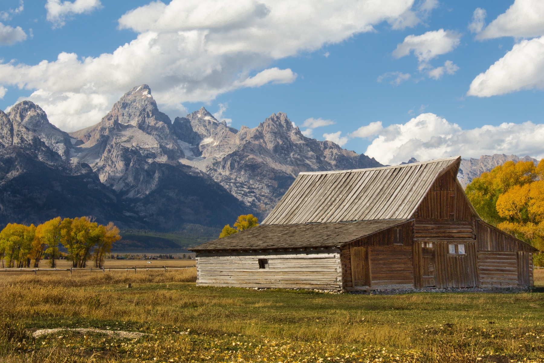An old wooden barn surrounded by yellow trees with looming grey mountains in the background