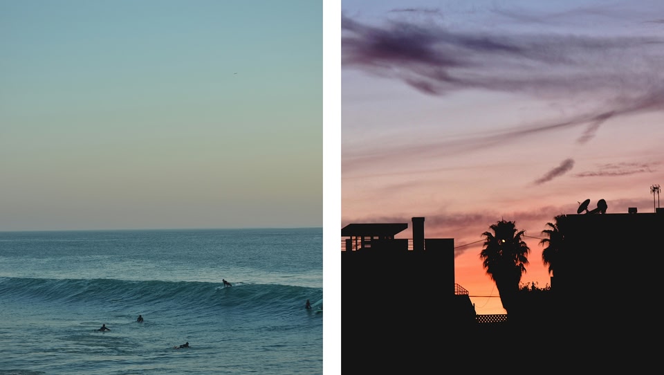 Persone che fanno surf a Tamariz e tramonto sugli edifici vicini