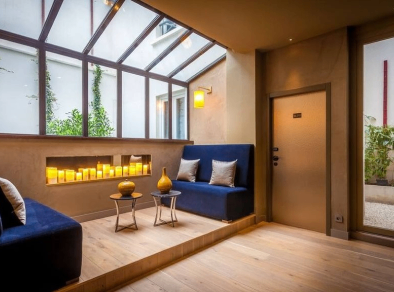 A modern, minimal hotel room