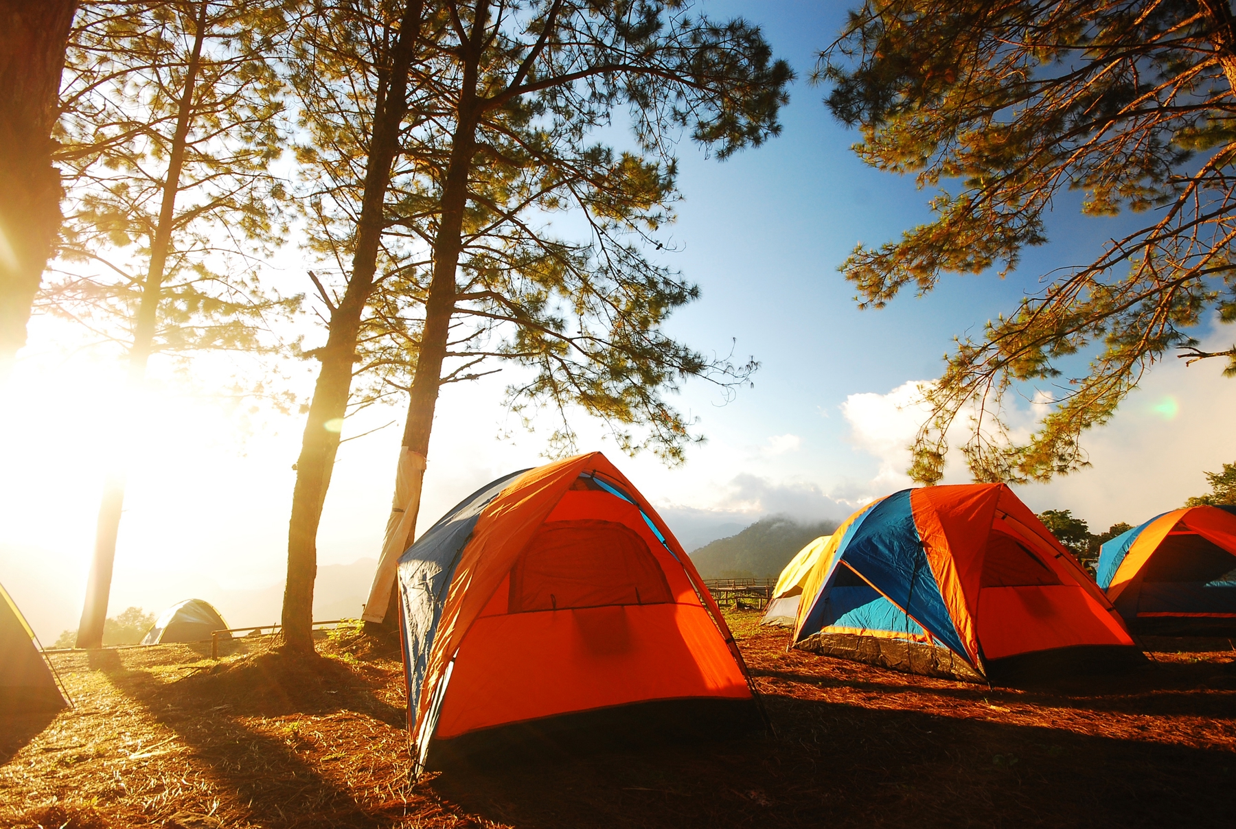 Row of colourful tents facing a sunrise