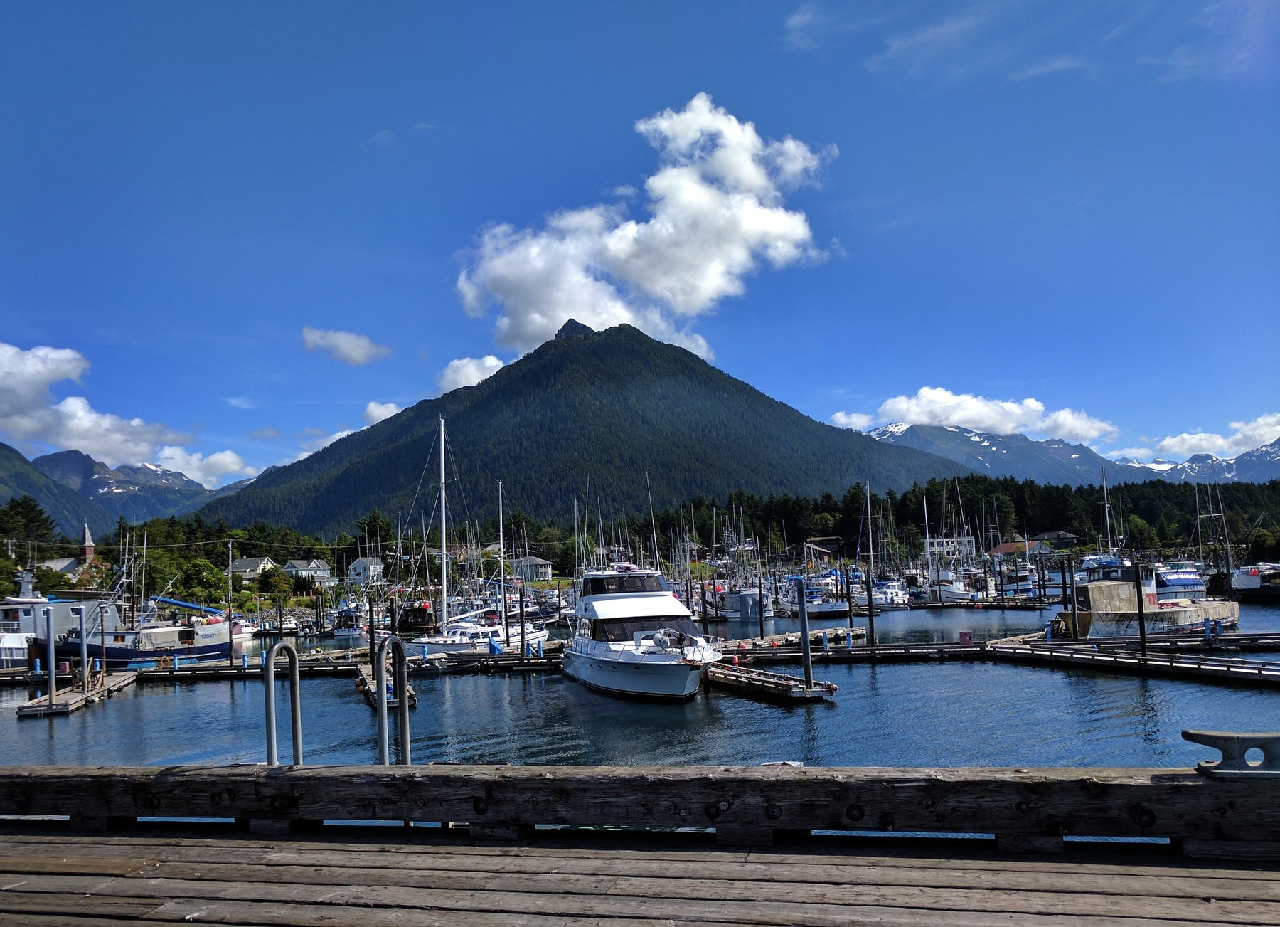 Boats at Crescent Harbor in Sitka, Alaska with Mt Verstovia in the background