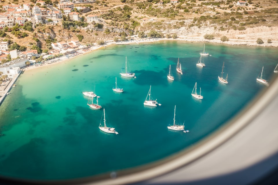 Panoramic view of boats floating in Pythagoreio, Samos