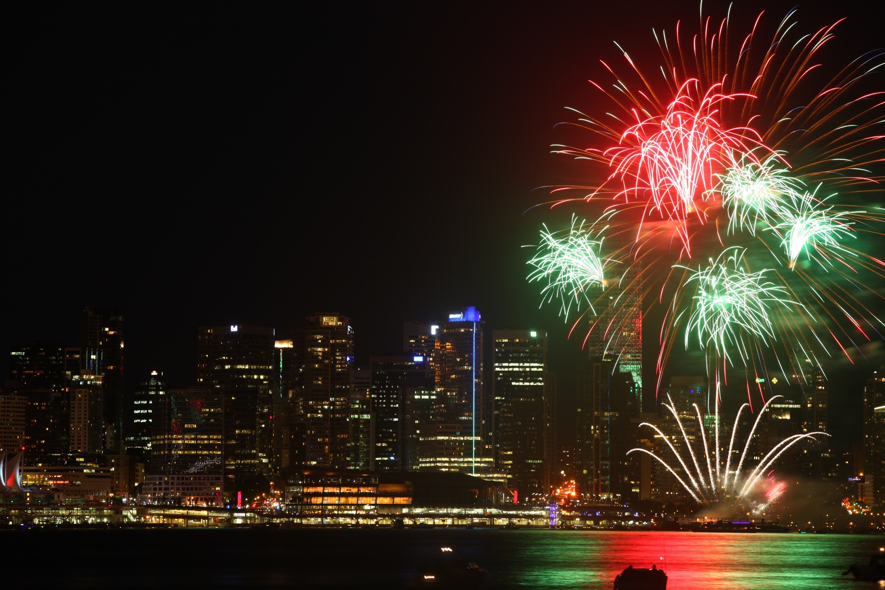 Fireworks display over Vancouver downtown at night