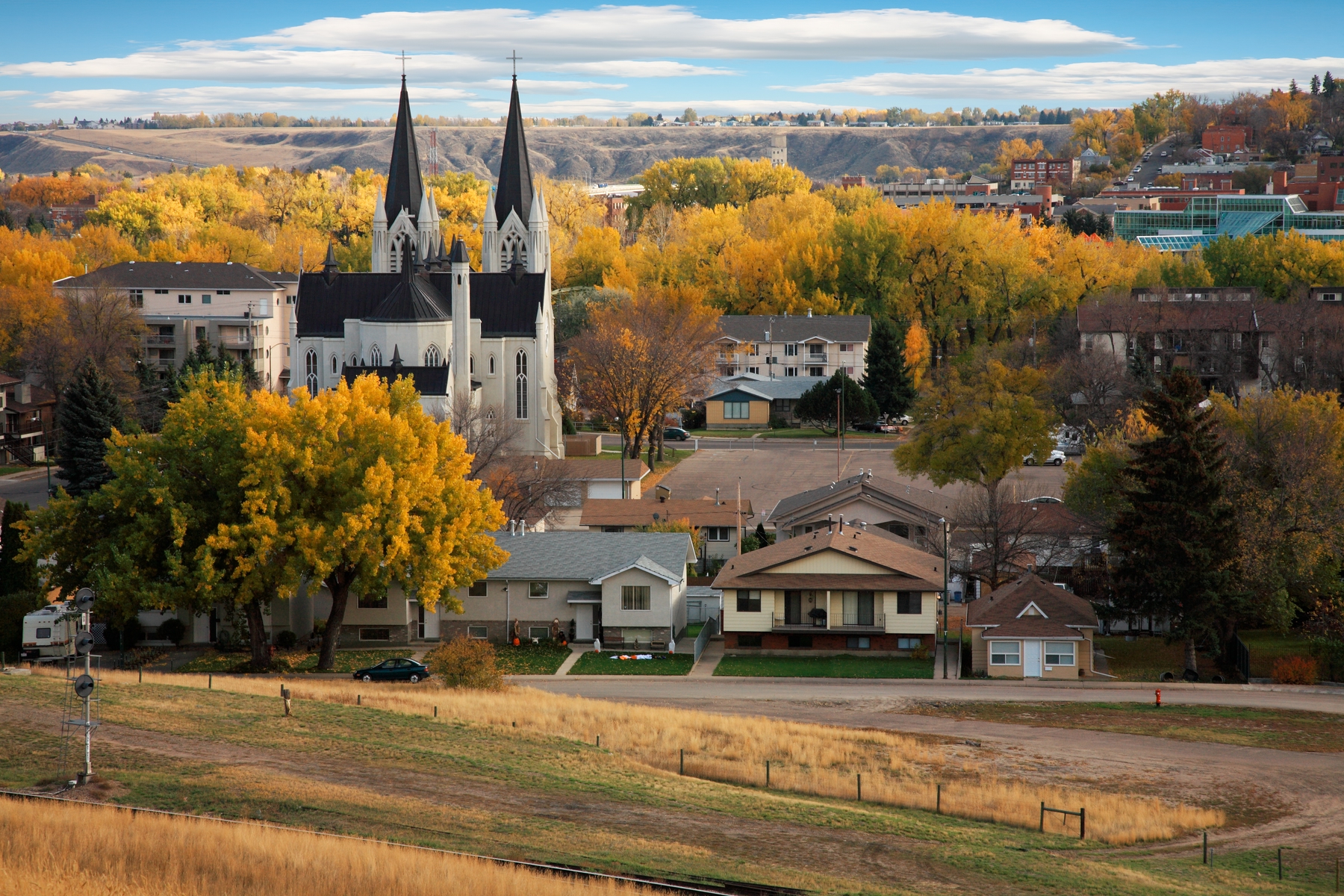 houses and church in the town of Medicine Hat, Alberta