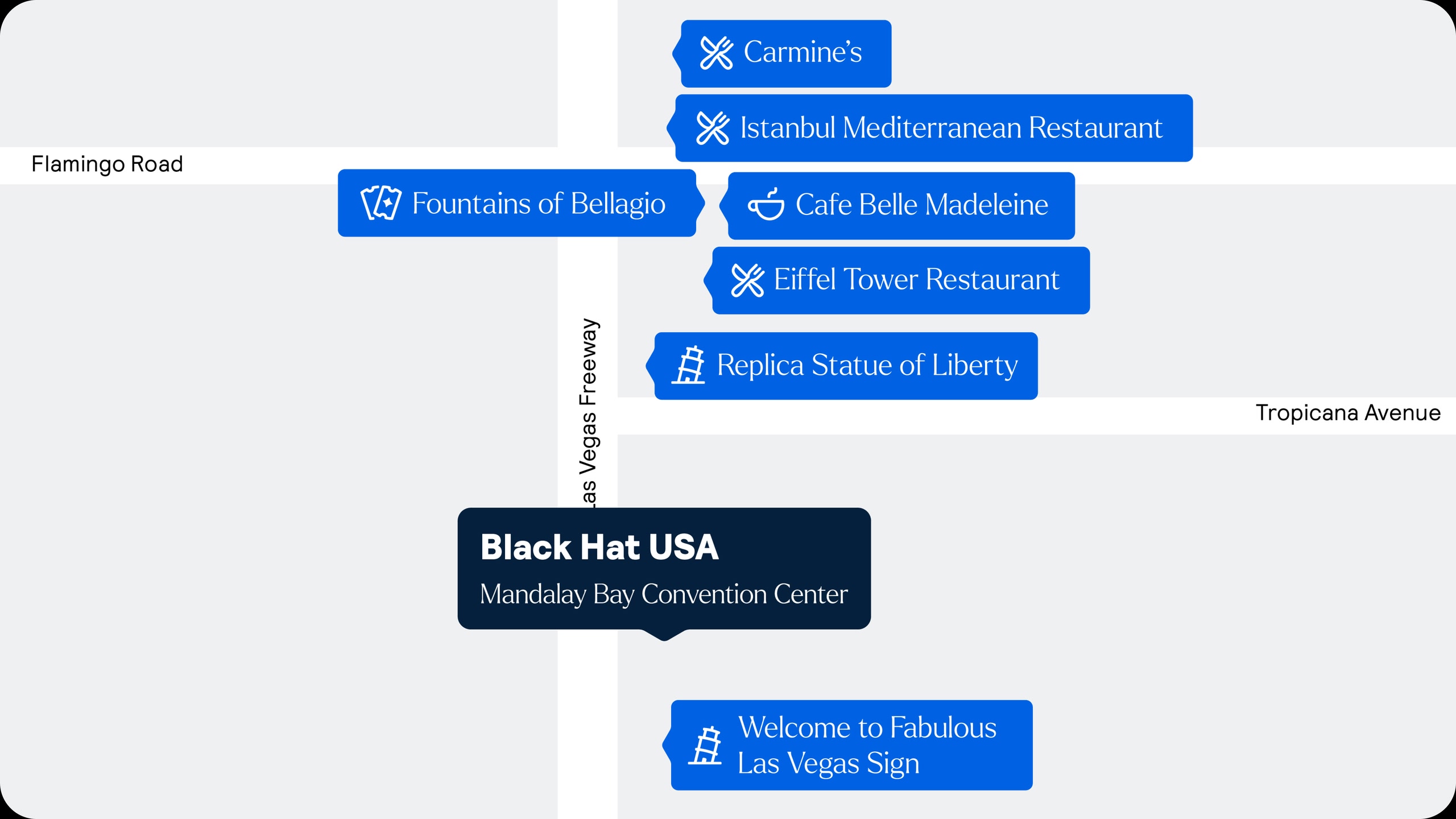 Map showing the venue for Black Hat USA, along with nearby restaurants, coffee shops, and attractions