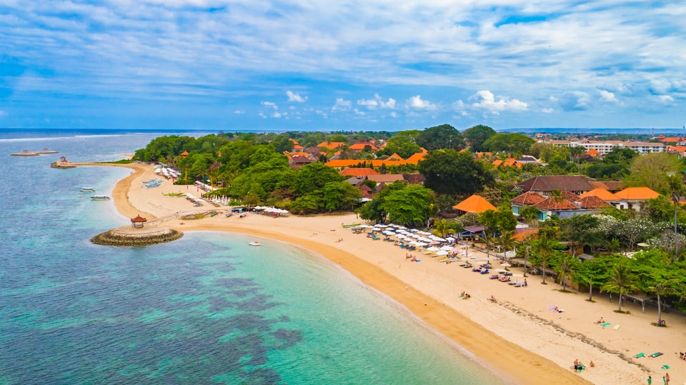 Aerial view of Sanur beach, Bali, Indonesia.