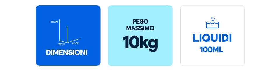 Infografica che mostra i requisiti per il bagaglio a mano con Wizz Priority, incluse dimensioni (55 cm x 40 cm x 23 cm), peso massimo (10 kg) e limite di liquidi (100 ml).