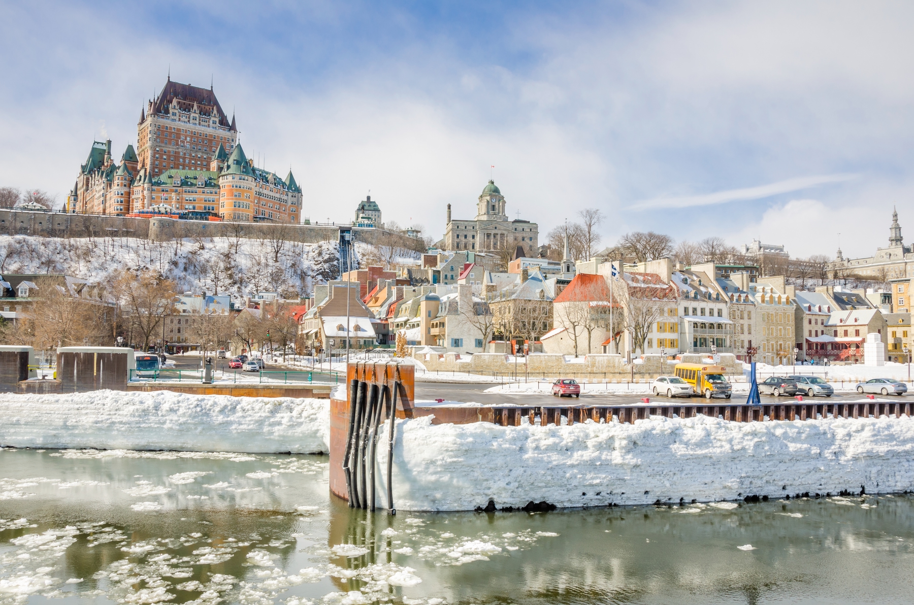 view of the Chateau Frontenac on the Levis Ferry in Quebec City