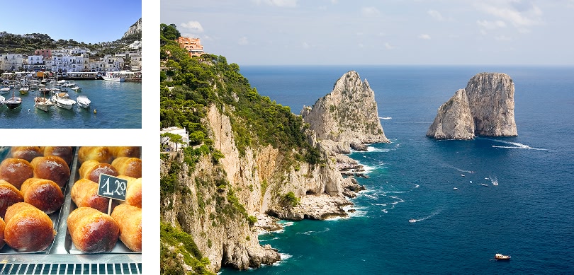 un collage di immagini che mostrano un porto turistico, una vista panoramica della costa con scogliere a picco sul mare e due faraglioni e dei