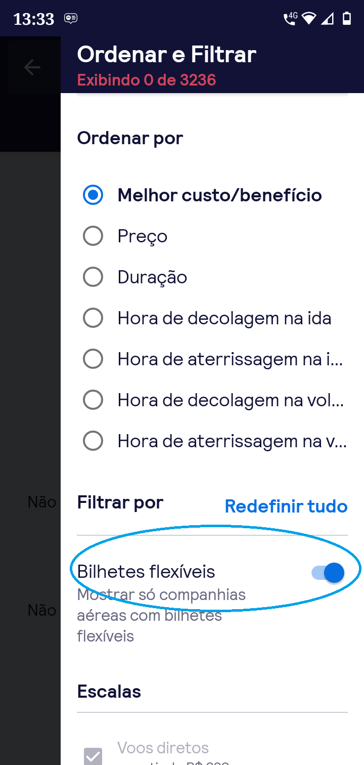 Tela do menu Ordenar e Filtrar passagens aéreas do aplicativo Skyscanner.