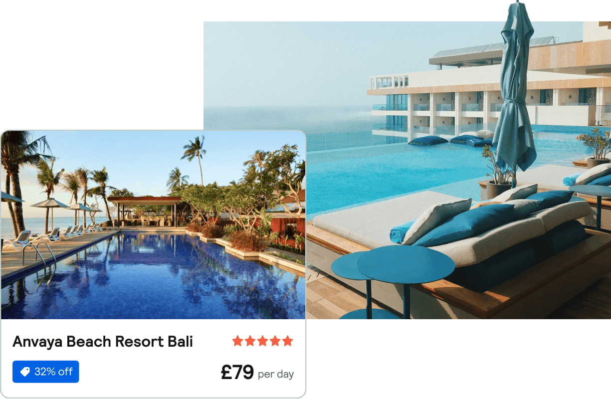 Graphic showing two photographs of paradise resorts. On the left is an infinity pool with loungers on one side and trees on the other. Writing underneath tells us it's the Anvaya Beach Resort Bali, with five orange stars denoting its quality. A price label saying 32% off sits underneath the resort name, with £79 per day as the price. To the right we see a view of another hotel, with an infinity pool and soft daybeds looking out over to the ocean.