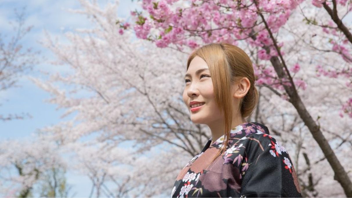Une femme japonaise avec des fleurs de cerisier en arrière-plan