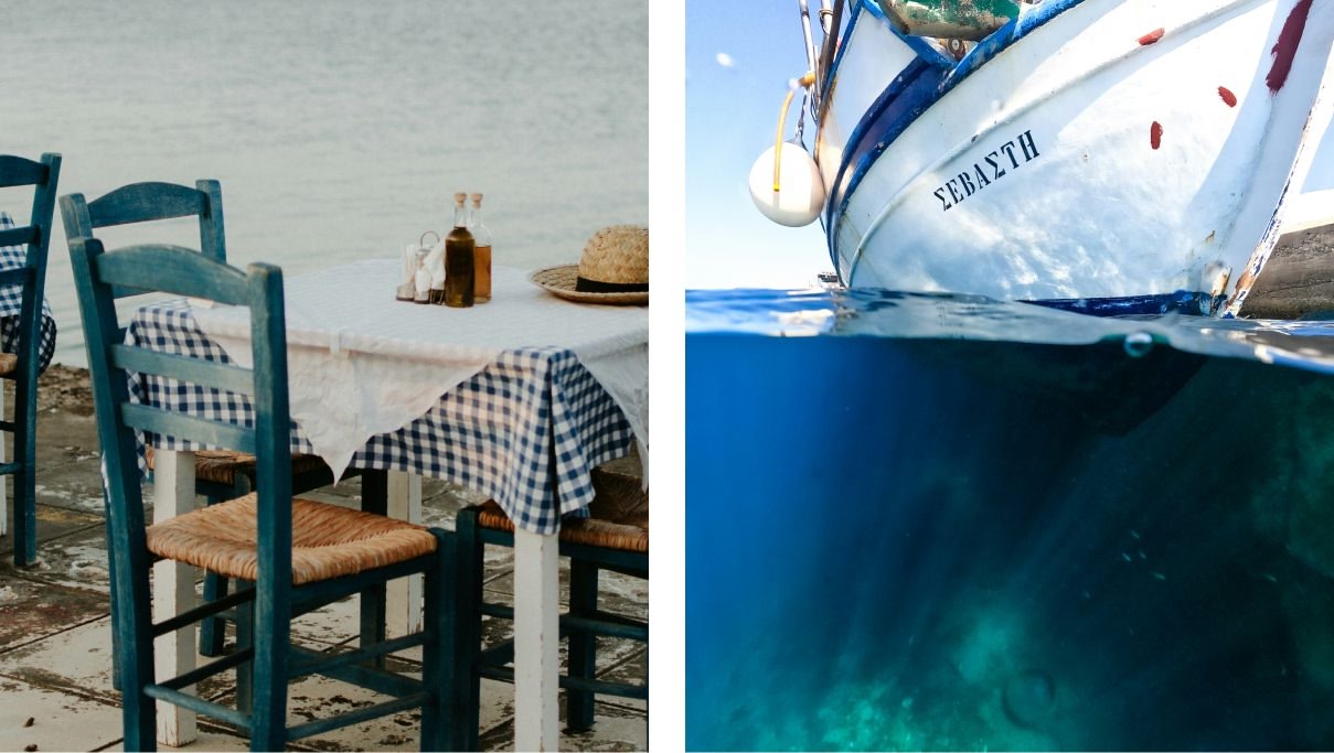 Immagini di un tavolo e delle sedie davanti al mare e di una barca in Grecia sul mare blu durante il giorno. 