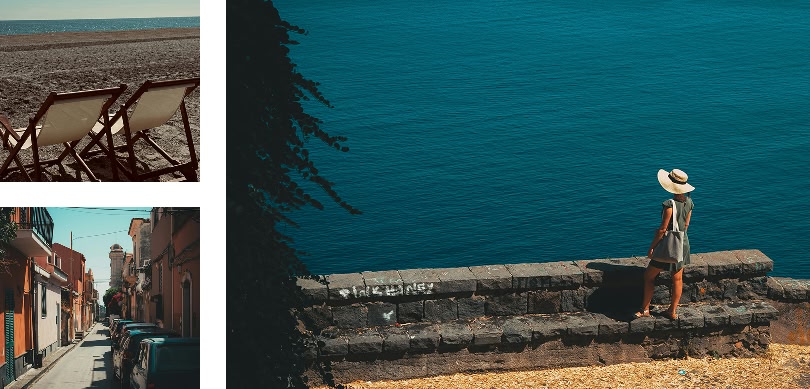 Collage di sedie a sdraio, una strada e una donna che guarda il mare.