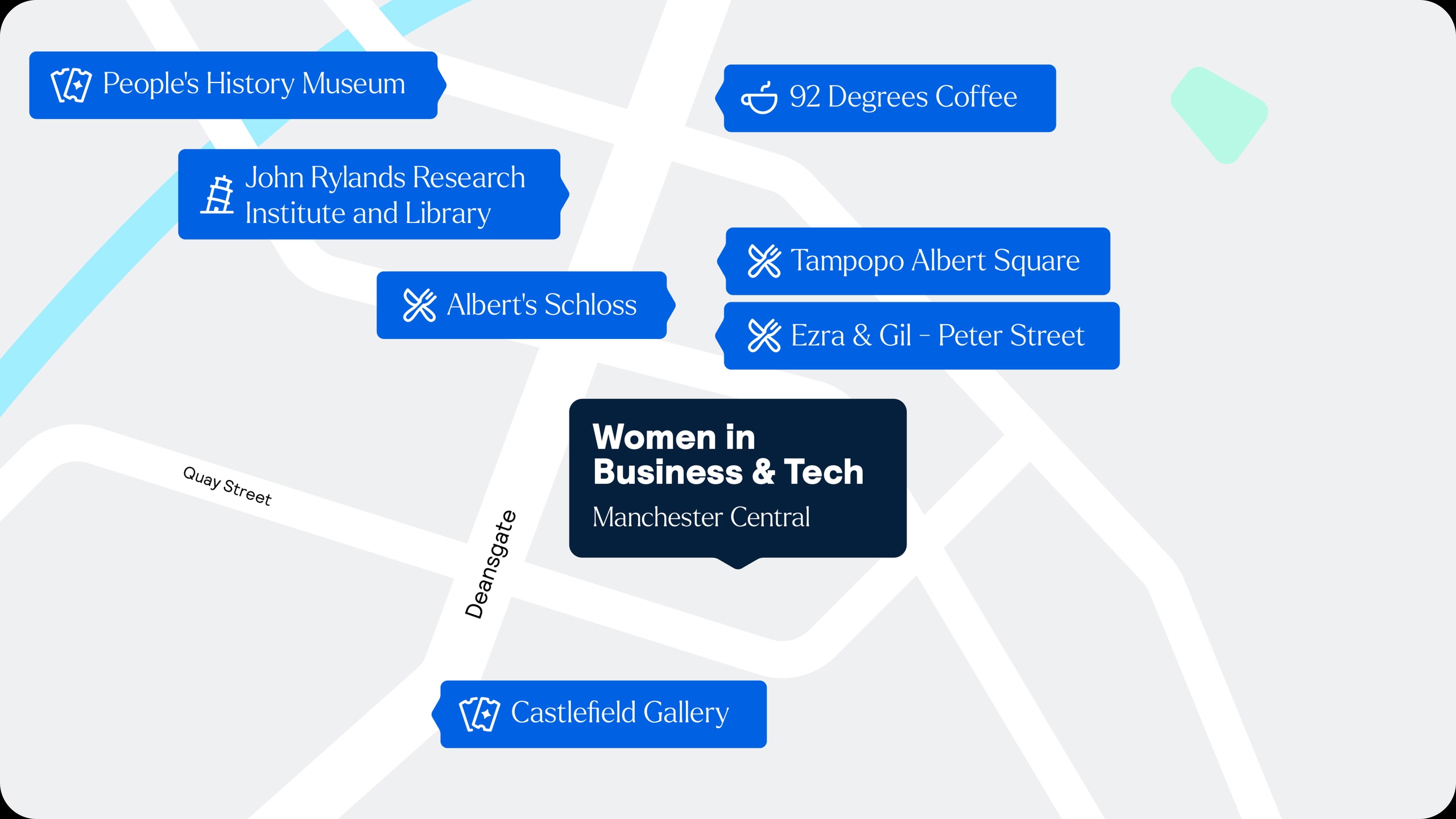 Map of the Women in Business & Tech Expo venue location, nearby restaurants, coffee shops, and attractions.
