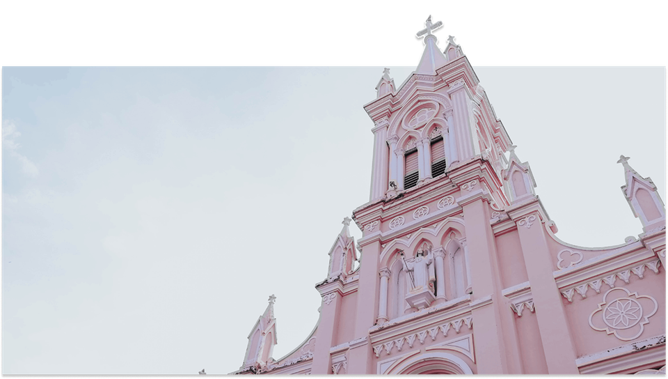 An artistic photo of a European style church.  