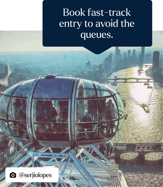 A close-up of a London Eye pod filled with people enjoying breathtaking views. The River Thames and the silhouettes of the iconic London skyline provide a stunning backdrop.