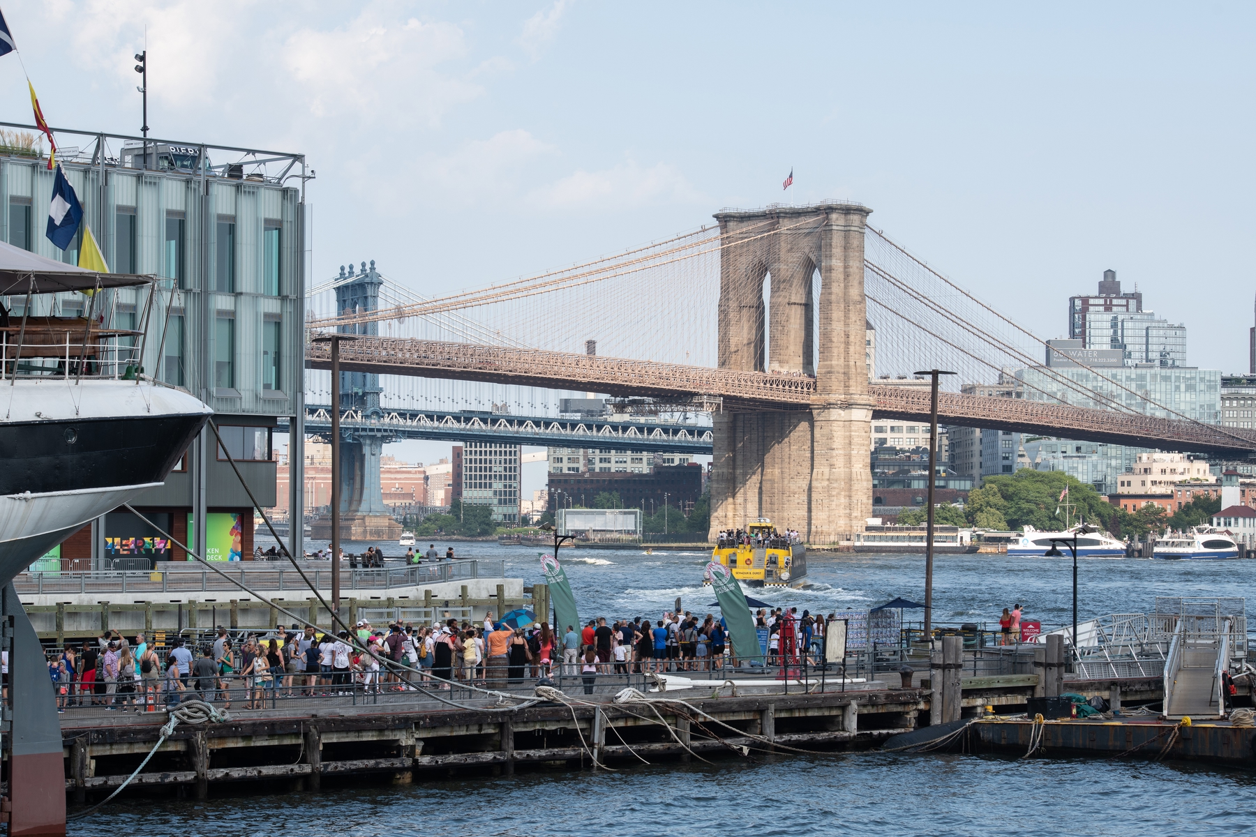 View of South Street Seaport with Brooklyn Bridge in the background