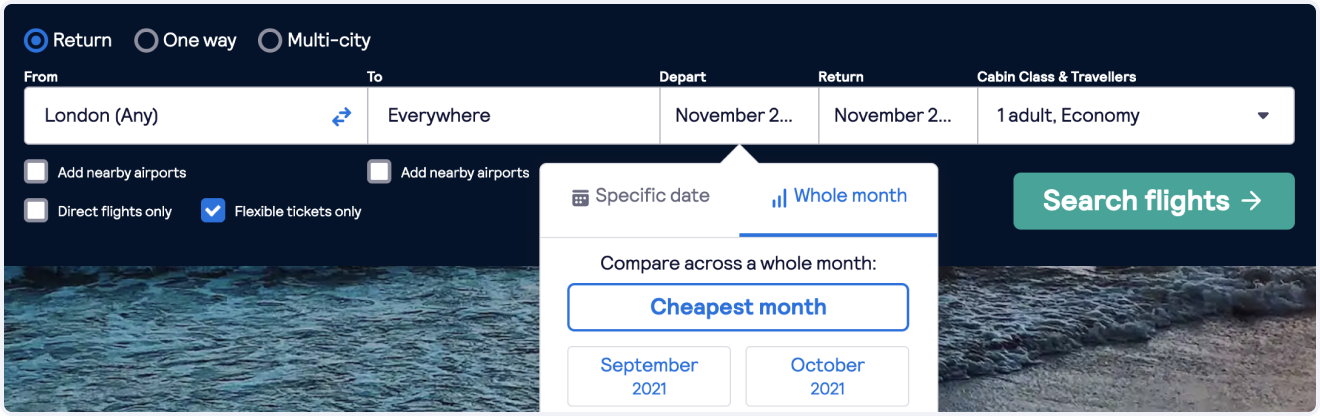 Cheapest month search Skyscanner search bar – month view with cheapest month search
