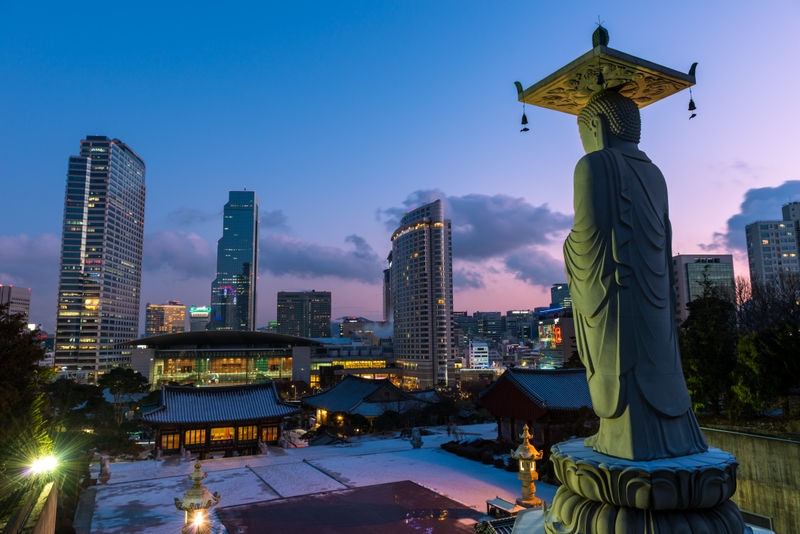Buddha statue looking over Seoul at Bongeunsa Temple