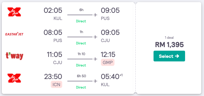 Korea to malaysia flight time