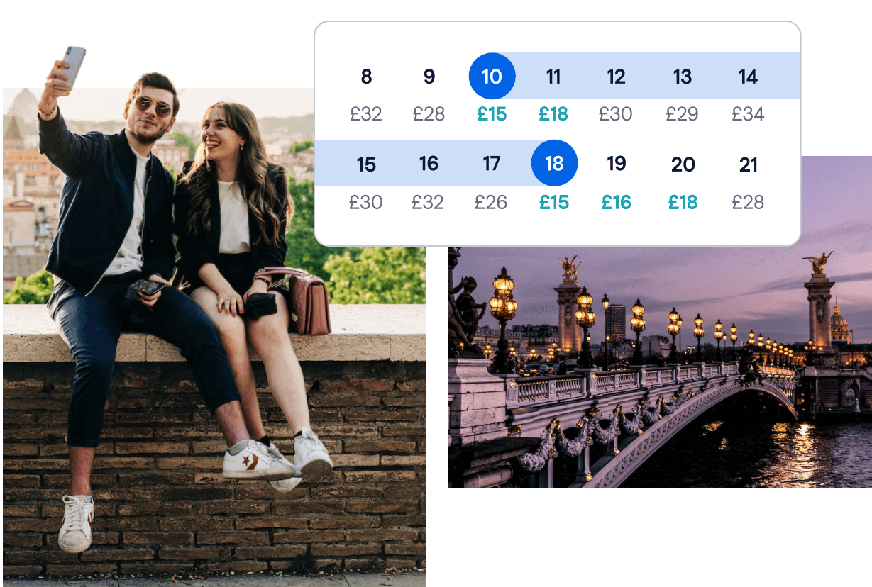 Image with two photographs. To the left, a couple sit on a wall and smile for a selfie. To the right is the Pont Alexandre III bridge in Paris at dusk. Both images are overlaid by the Skyscanner calender, showing dates from the 10 to 18 highlighted with prices underneath them. The cheapest prices are highlighted green.