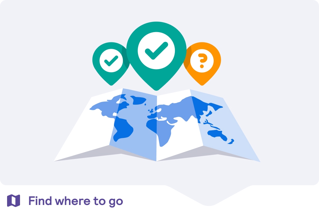 Find where to go, image of a map showing green ticks for open countries and amber flags for restricted ones