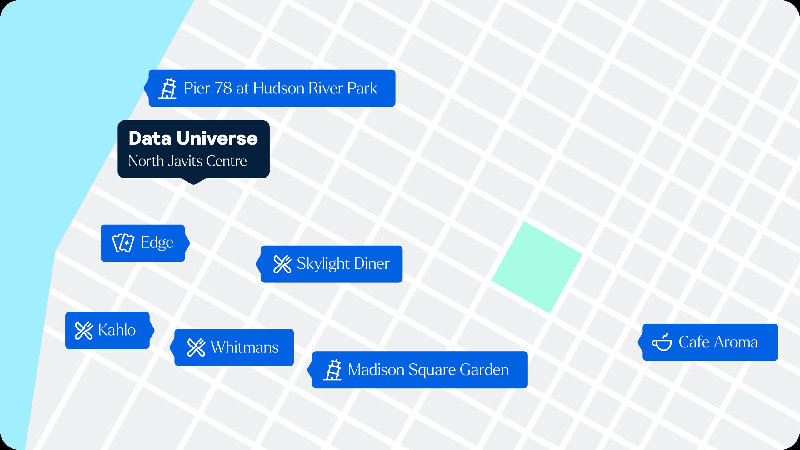 Map showing the venue for Data Universe, along with nearby restaurants, coffee shops, and attractions.