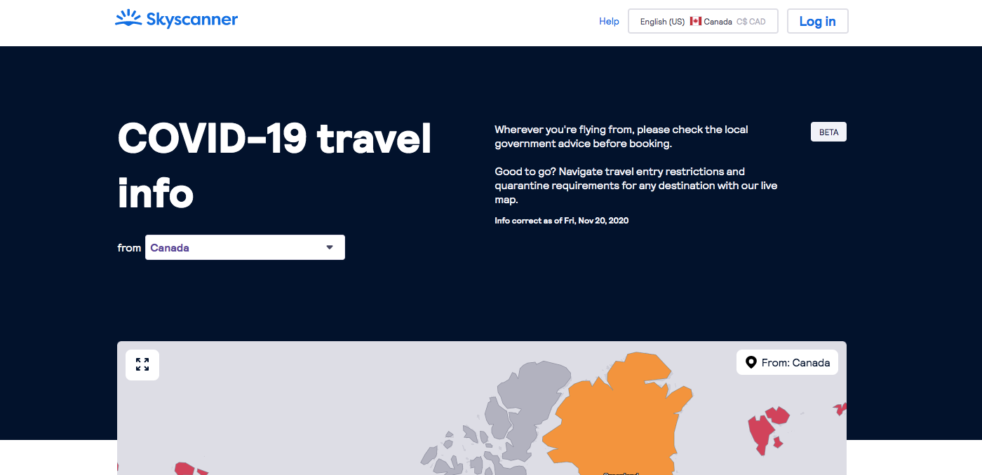 where's open for travellers map on Skyscanner Canada