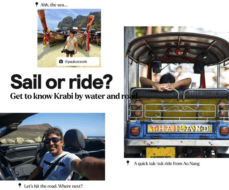 An engaging collage capturing the diverse transportation options available in Krabi. The image features iconic longboats gracefully navigating the waters, convenient car rentals ready for exploration, and vibrant tuk-tuks.