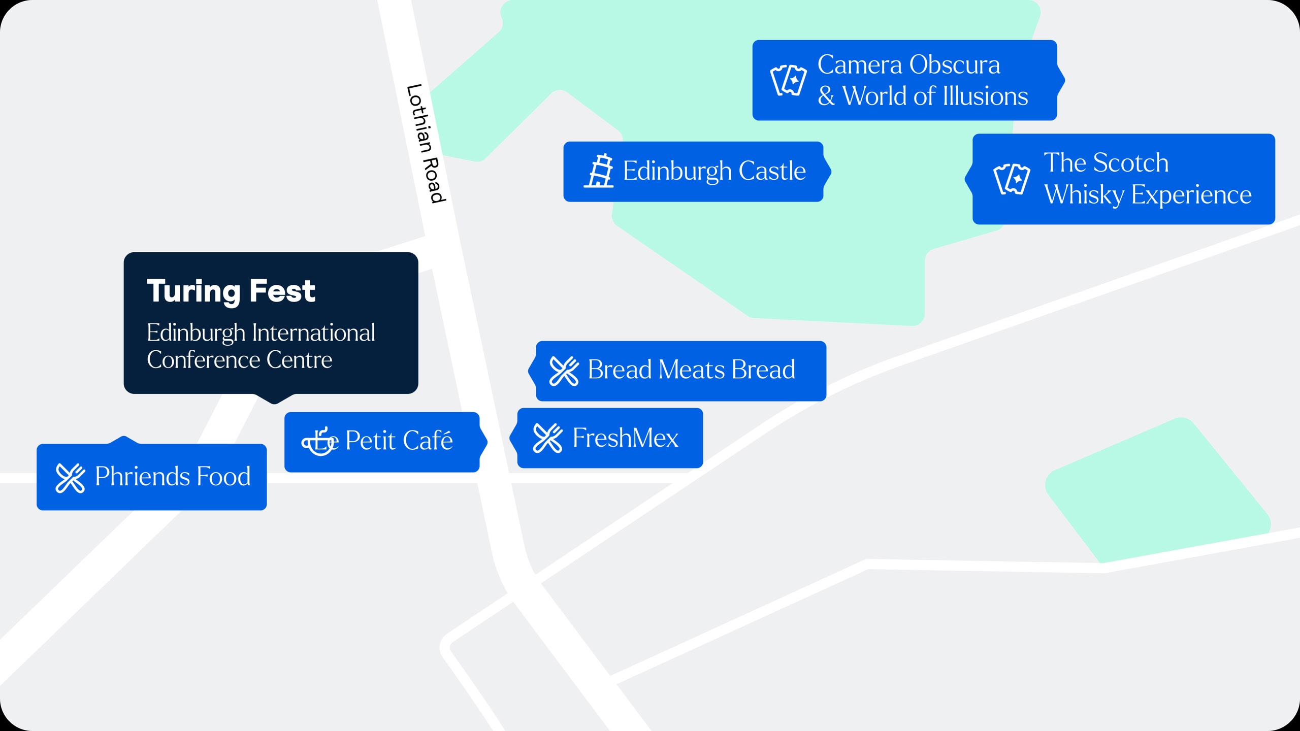 Map of the Turing Fest venue location with nearby restaurants, coffee shops, and attractions.