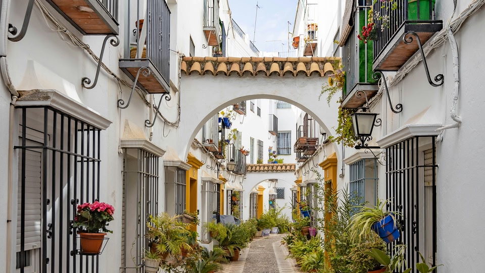 Un'immagine di edifici bianchi e strade piene di piante a Cordoba